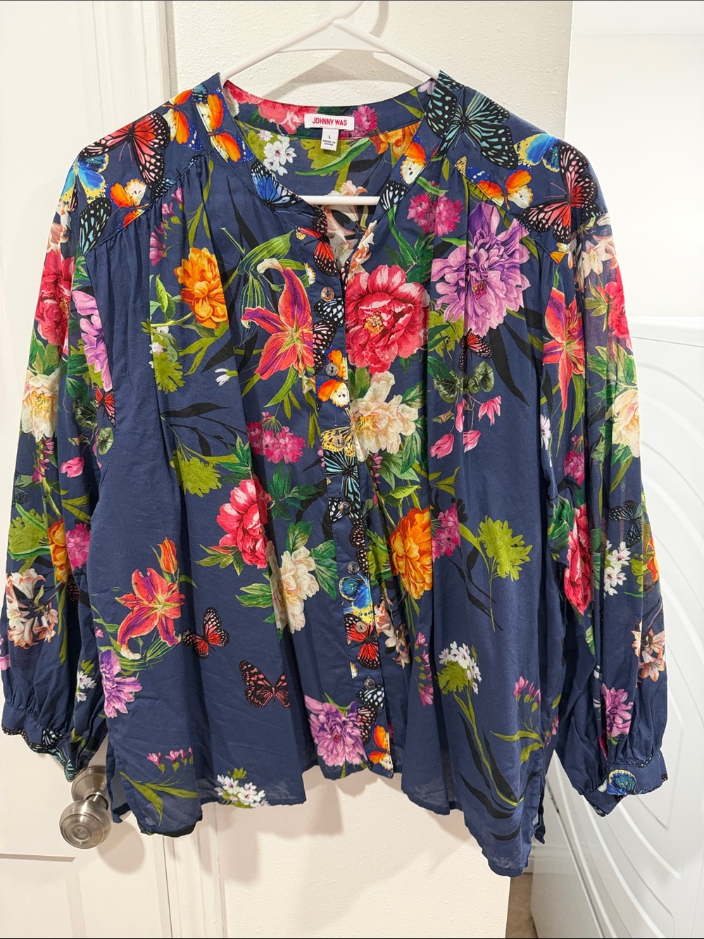 Johnny Was Navy Floral Button-Front Blouse with Butterfly Print